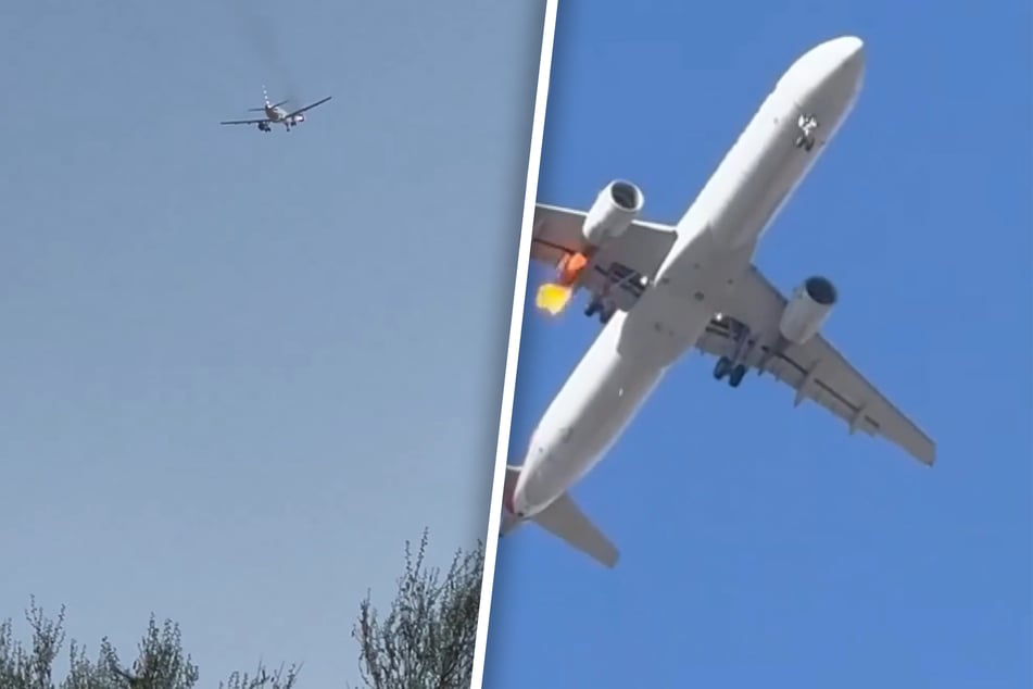 Verschiedene Videos zeigen, wie Flammen aus einem der Triebwerke schießen.