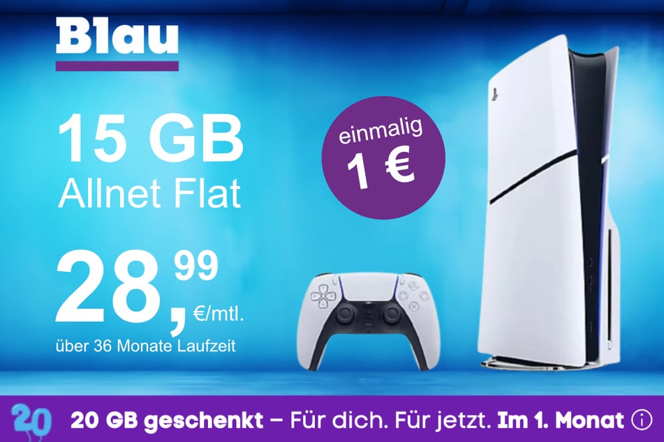 Die PS5 Digital Slim Edition im Blau Allnet M inkl. 15 GB für einmalig nur 1 Euro.