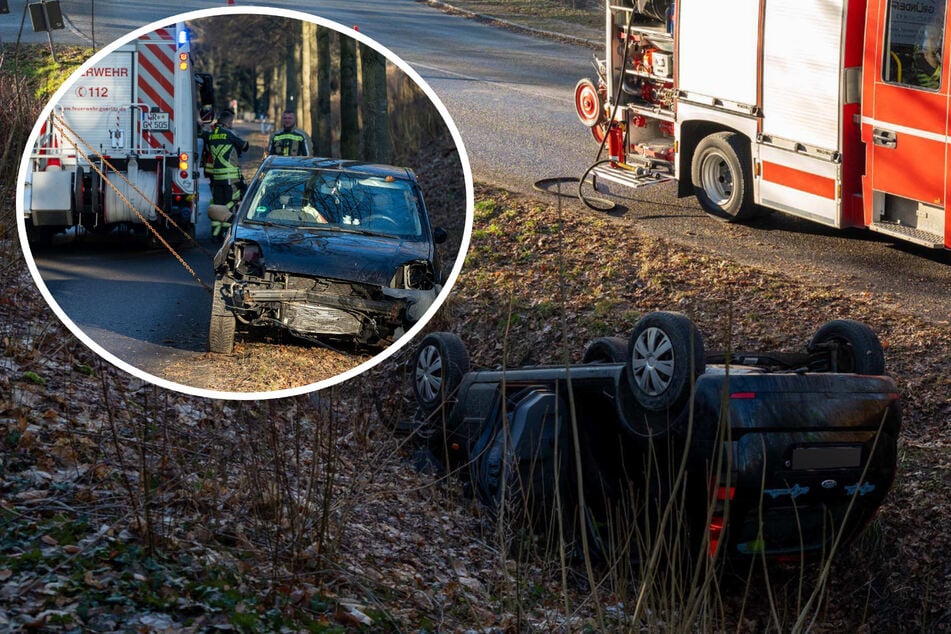 Glatte Straße: Ford-Fahrerin landet nach Rutschpartie kopfüber im Graben