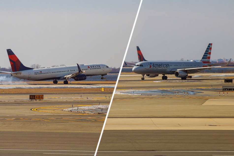 An American Airlines Boeing crossed the runway just as a Delta Air Lines flight was about to take off at JFK International Airport.