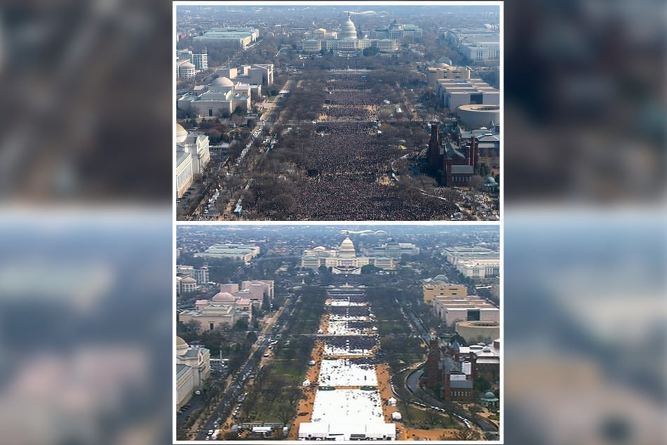 Oben: Luftaufnahme der Amtseinführung von Barack Obama (61) am 20. Januar 2009. Unten: Luftaufnahme der Amtseinführung von Donald Trump (76) am 20. Januar 2017. Beide Bilder wurden kurz vor 12 Uhr über dem Washington Monument aufgenommen.