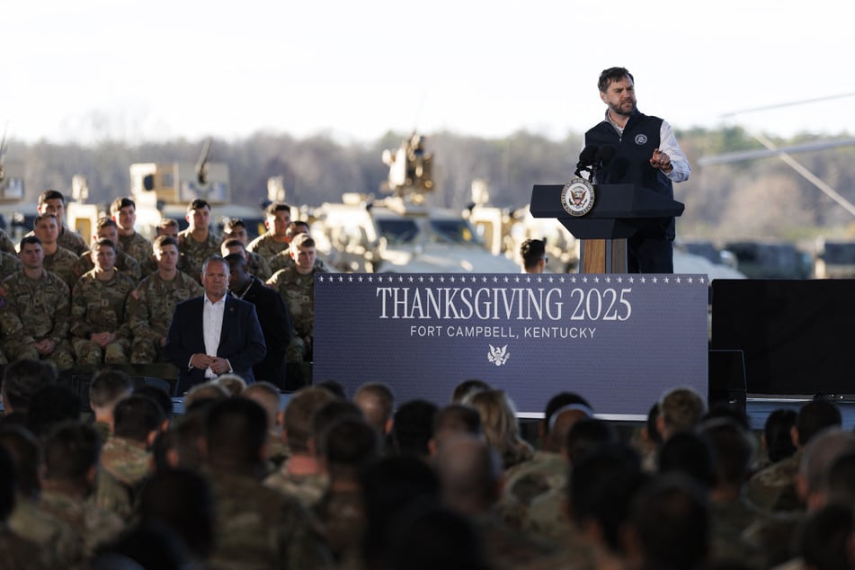 Vice President JD Vance speaks about Thanksgiving dinner to US troops in Fort Campbell, Kentucky.