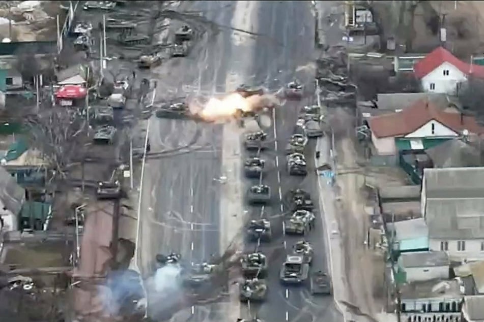 A video still from an ambush Thursday on a column of Russian tanks.