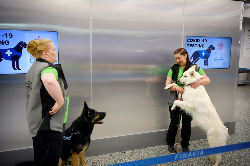 Die Spürhunde Valo (l.) und E.T. mit ihren Trainern.