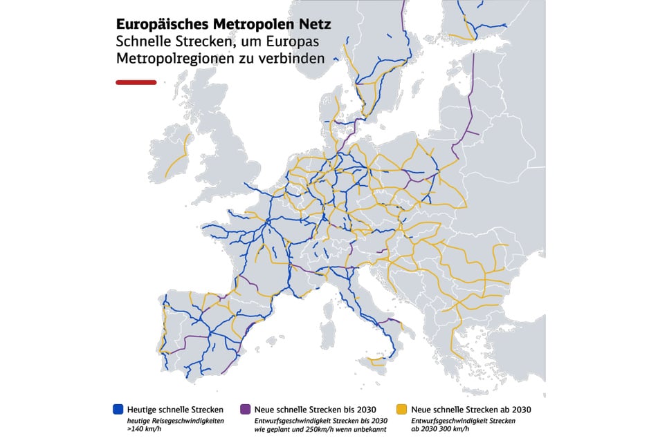 Die Europa-Karte zeigt, wie das Hochgeschwindigkeitsnetz im Jahr 2050 aussehen könnte.