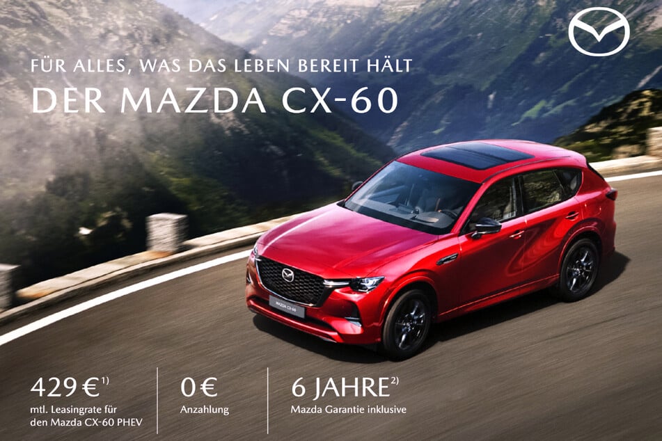 Energieverbrauch gewichtet kombiniert für den Mazda CX-60 e-Skyactiv PHEV Prime-Line: 3,8 l/ 100 km und 14,4 kWh Strom/100 km. CO,-Emissionen gewichtet kombiniert: 85 g/ km. CO,-Klasse: B. Kraftstoffverbrauch kombiniert und CO2-Klasse bei entladener Batterie: 7,7 l/100 km. CO,-Klasse: F.