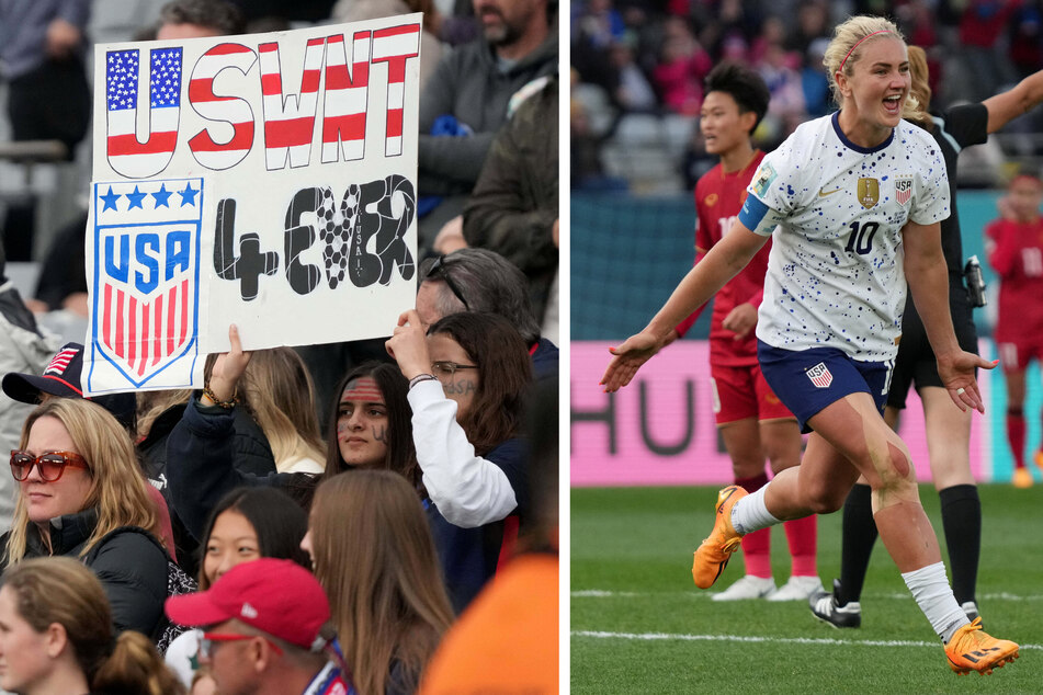 Midfielder and USA team captain Lindsey Horan celebrated after scoring a goal against Vietnam in the USWNT's first match of the 2023 FIFA Women's World Cup on Saturday.