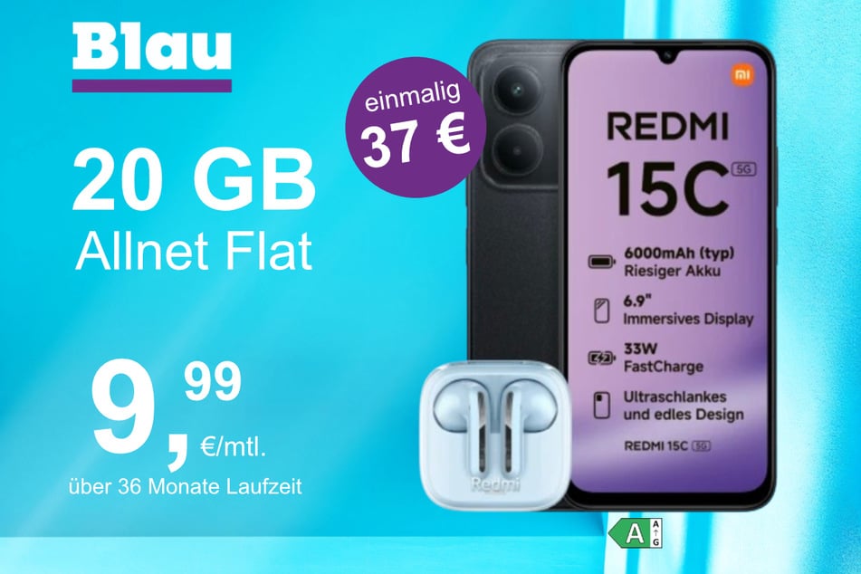 Das Xiaomi Redmi 15C + Buds 6 Active im Blau Allnet M für einmalig 37 Euro.