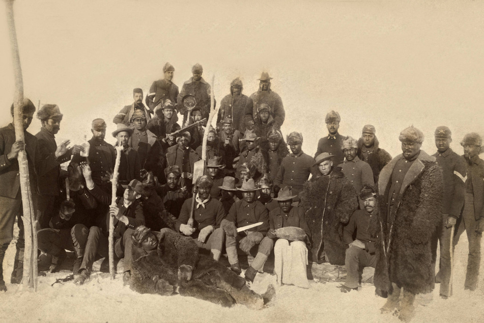 A group portrait of the Buffalo Soldiers of the 25th Infantry on December 14, 1890, in Fort Keogh, Montana.