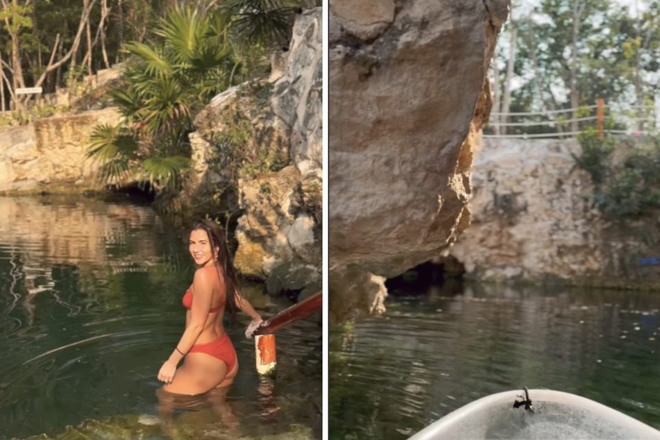In einer Cenote, wie die Naturpools vor Ort genannt werden, genoss die 31-jährige Sängerin das Bad im kühlen, kristallklaren Nass.