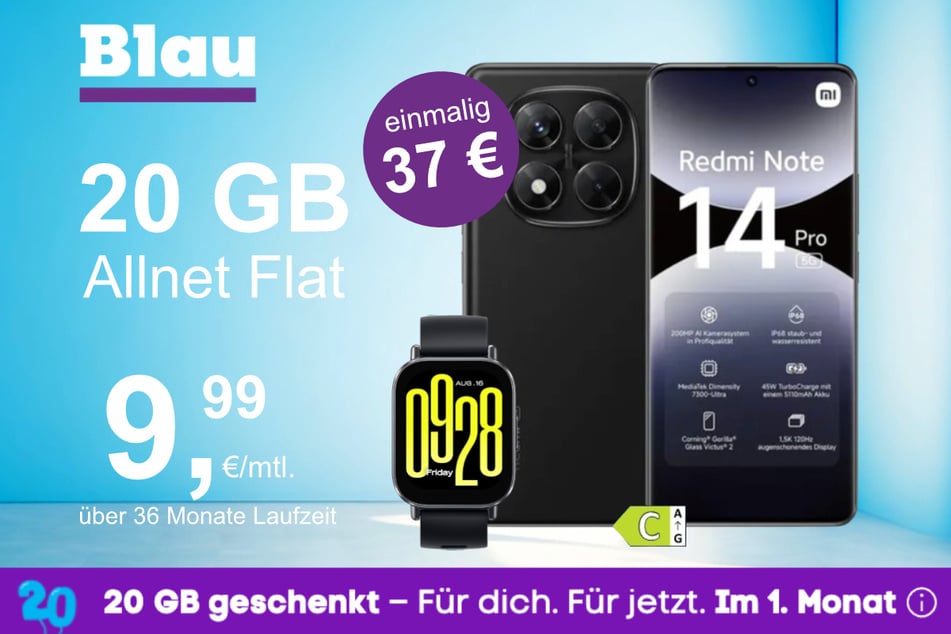 Das Xiaomi Redmi Note 14 Pro + Watch 5 Active im Blau Allnet M für einmalig 37 Euro.