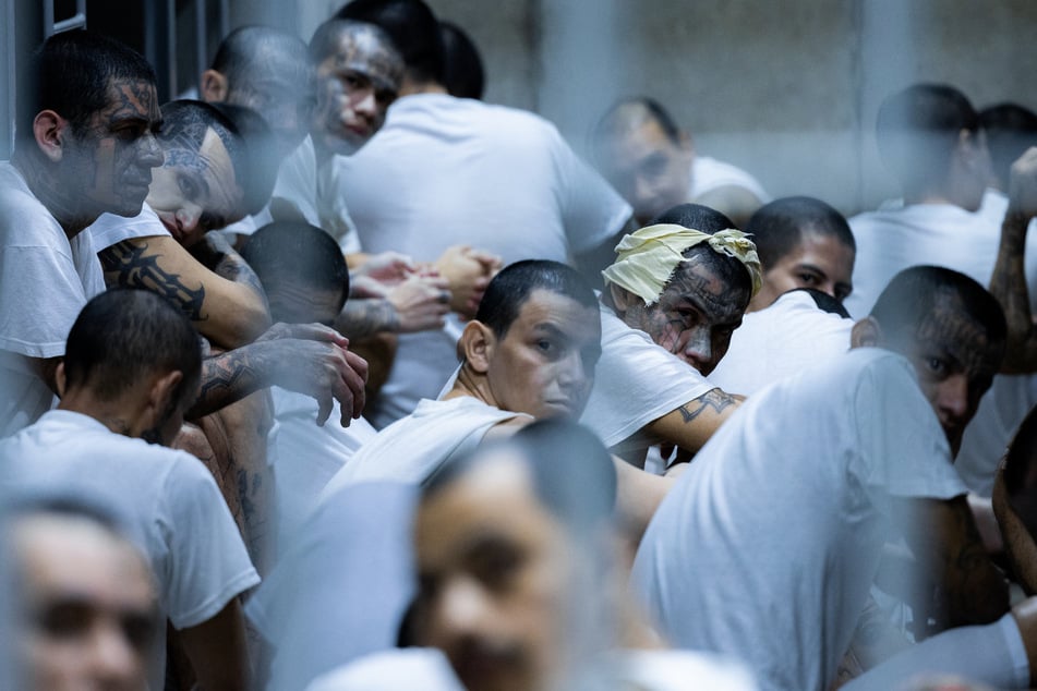 Venezuelan nationals are pictured inside El Salvador's CECOT megaprison following their deportation from the US in a photo released March 31, 2025.