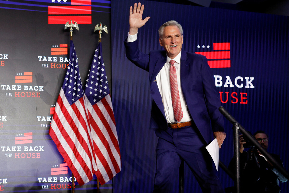 House Republican Leader Kevin McCarthy arrives to address supporters after midnight at a House Republicans' party held late on the night of the 2022 midterm elections in Washington DC.