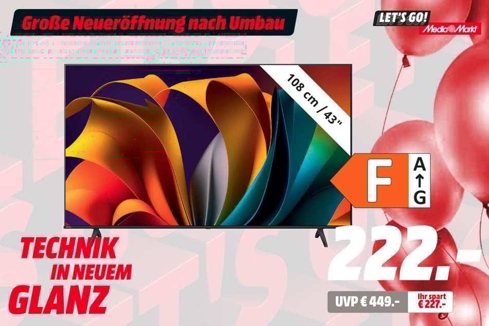 43-Zoll Hisense-Fernseher 43A6N
für 222 statt 449 Euro.
