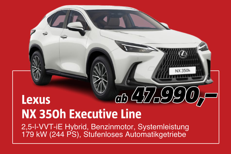 Lexus NX 350h Executive Line
ab 47.990 Euro. Abbildungen enthalten zum Teil aufpreispflichtige Sonderausstattungen. Nur solange der Vorrat reicht.