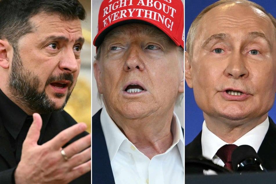 US President Donald Trump (c.) on Friday said setting up a meeting between Ukrainian President Volodymyr Zelensky (l.) and Russian leader Vladimir Putin (r.) is as hard as mixing "oil and vinegar."