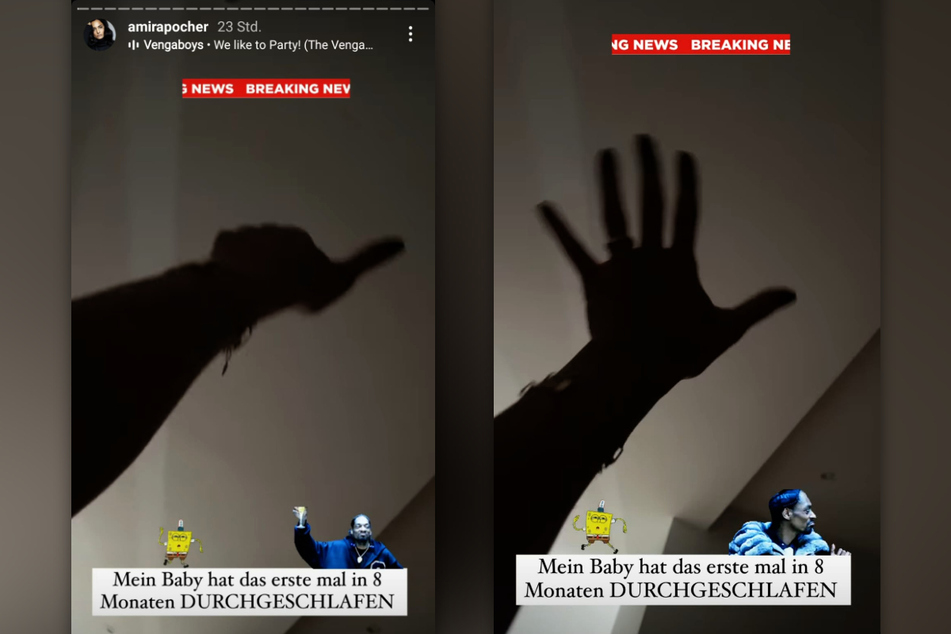 Amira Pocher (28) verkündet in ihrer Instagram-Story die "Breaking News": Ihr Baby hat erstmals die Nacht durchgeschlafen. (Fotomontage)