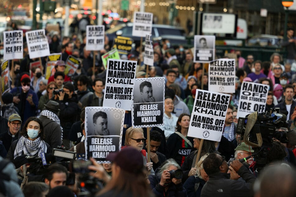 Demonstrators rally at Foley Square in New York City on March 10, 2025, following the arrest of Columbia University graduate Mahmoud Khalil.