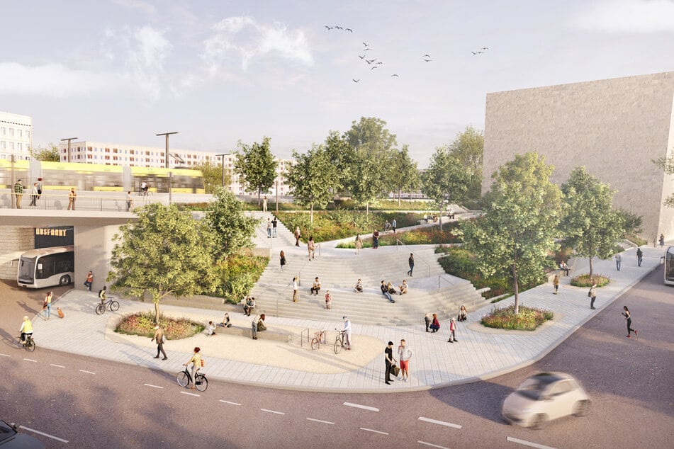 Unter der Brücke soll es einen Busparkplatz mit großer Freitreppe geben.