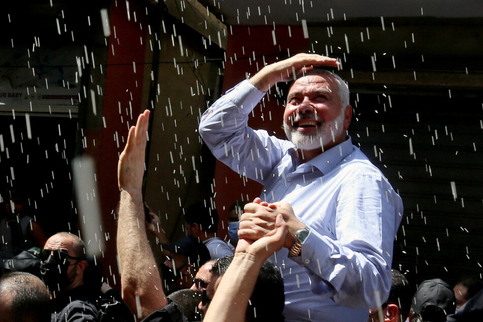 Ismail Haniyeh looks on as he is carried during his visit at Ain el Hilweh Palestinian refugee camp in Sidon, Lebanon, on September 6, 2020.