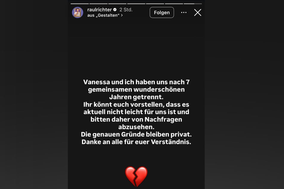 In seiner Instagram-Story machte Raúl die Trennung am Sonntagabend öffentlich.