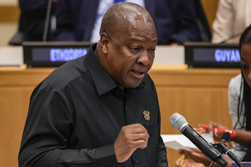 President of Ghana John Dramani Mahama speaks during a special event on the trafficking and exploitation of enslaved Africans at the United Nations in New York on March 24, 2026.
