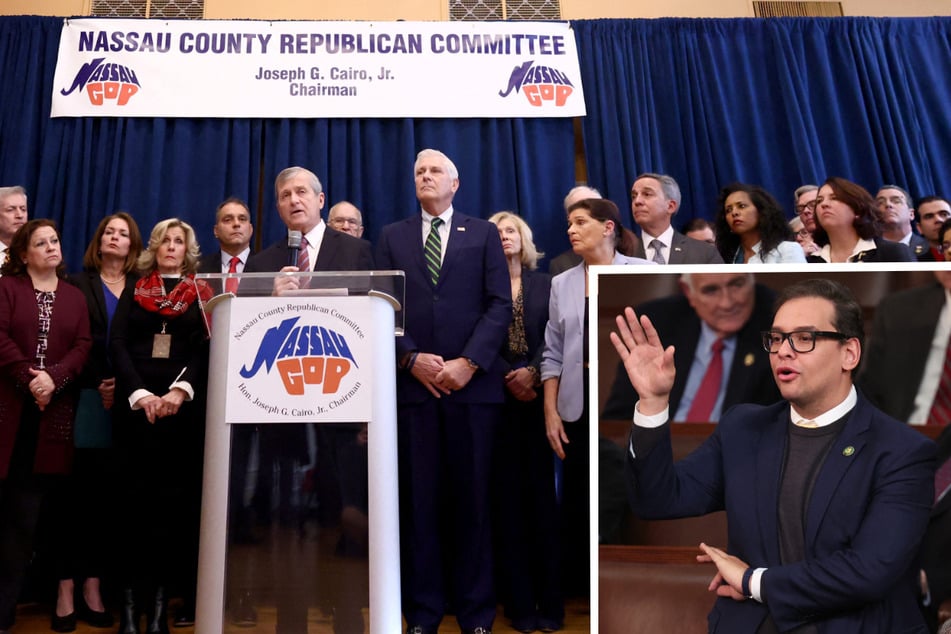 Nassau County Republican Party chairman Joseph Cairo and members of the Nassau County Republican Committee held a news conference on Wednesday regarding the future of Rep. George Santos (inset).