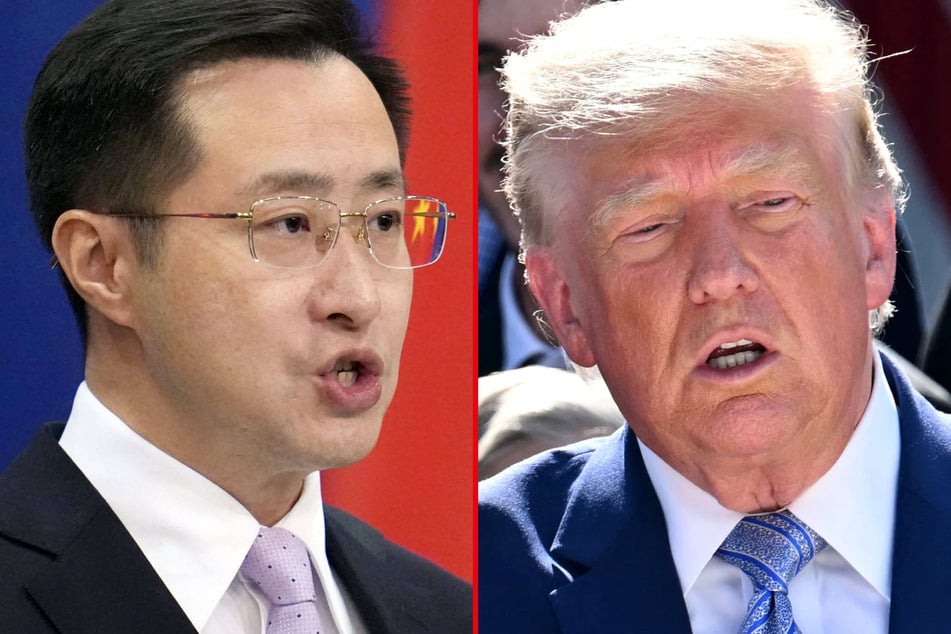 Chinese Foreign Ministry Spokesperson Lin Jian (l) condemned President Donald Trump's (r) latest tariff escalation.