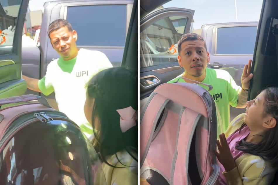Papa Danny öffnet die Autotür zu seiner Tochter. Als er sieht, was sie dabeihat, macht er große Augen.