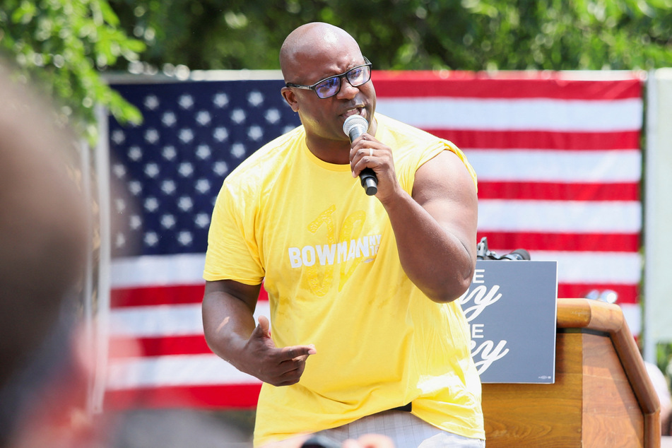 Representative Jamaal Bowman speaks to the crowd as he campaigns in the Bronx borough of New York City.