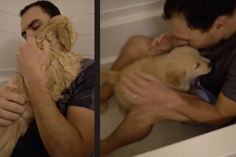 The little golden retriever was calmed by his owner's presence in the daunting tub.