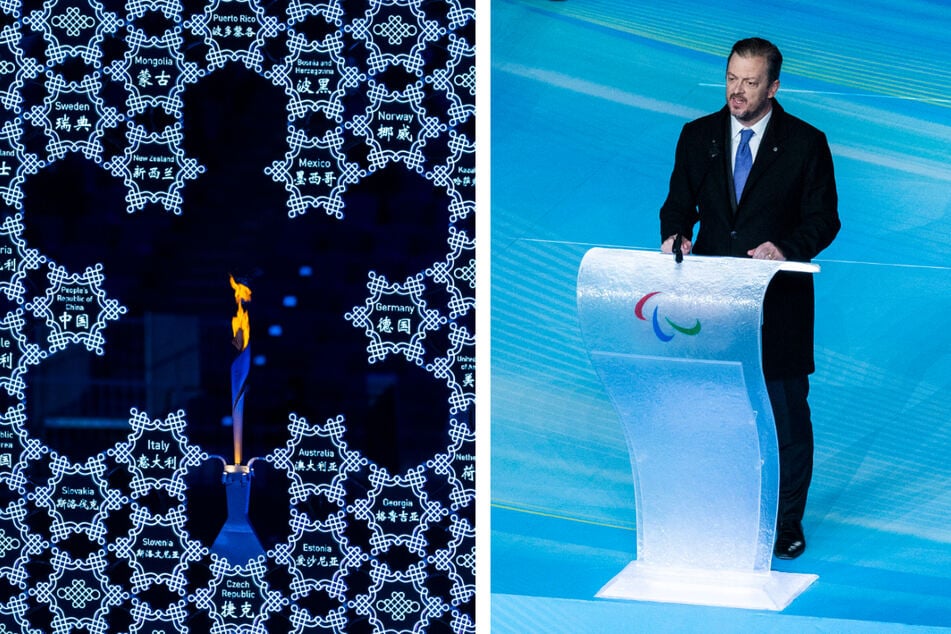 President of the International Paralympic Committee Andrew Parsons (r.) delivered a statement calling for peace during the Opening Ceremony of the Beijing 2022 Paralympics, which ended with the lighting of the Paralympic torch (l.).