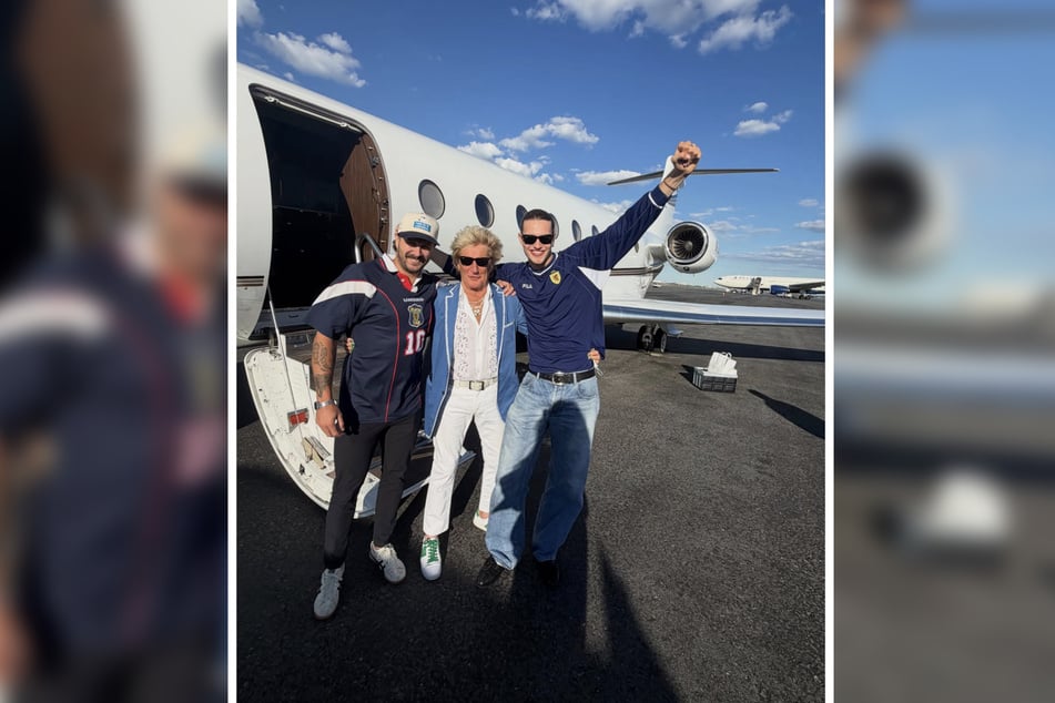 Rod Stewart (81, M.) flog mit seinen Söhnen Alastair (20, r.) und Liam (31, l.) im Privatjet zur WM, um Schottland in Boston spielen zu sehen.