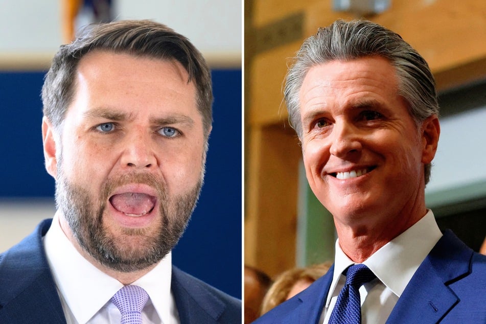 California Governor Gavin Newsom (r.) has taken to social media to share a video compilation of critical remarks JD Vance (l.) made about his current boss Donald Trump in the past.