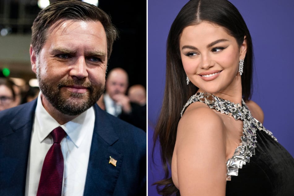 Selena Gomez (r.) made a hilarious "childless cat ladies" joke aimed at JD Vance (l.) at the 2024 Emmys.