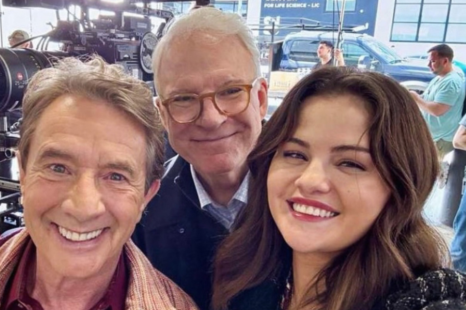 (From l. to r.) Martin Short, Steve Martin, and Selena Gomez return as the crime-solving podcasters Charles, Oliver, and Mabel in Only Murders in the Building season 4.