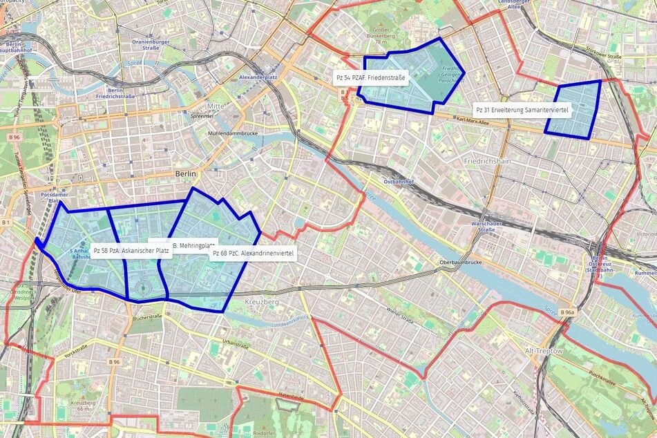 Die blau gekennzeichneten Felder werden die neuen Parkzonen in Friedrichshain-Kreuzberg.