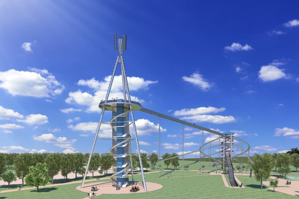 Von der Aussichtsplattform der Pyramide soll ein 70 Meter langer Skywalk zum Rutschenturm führen.