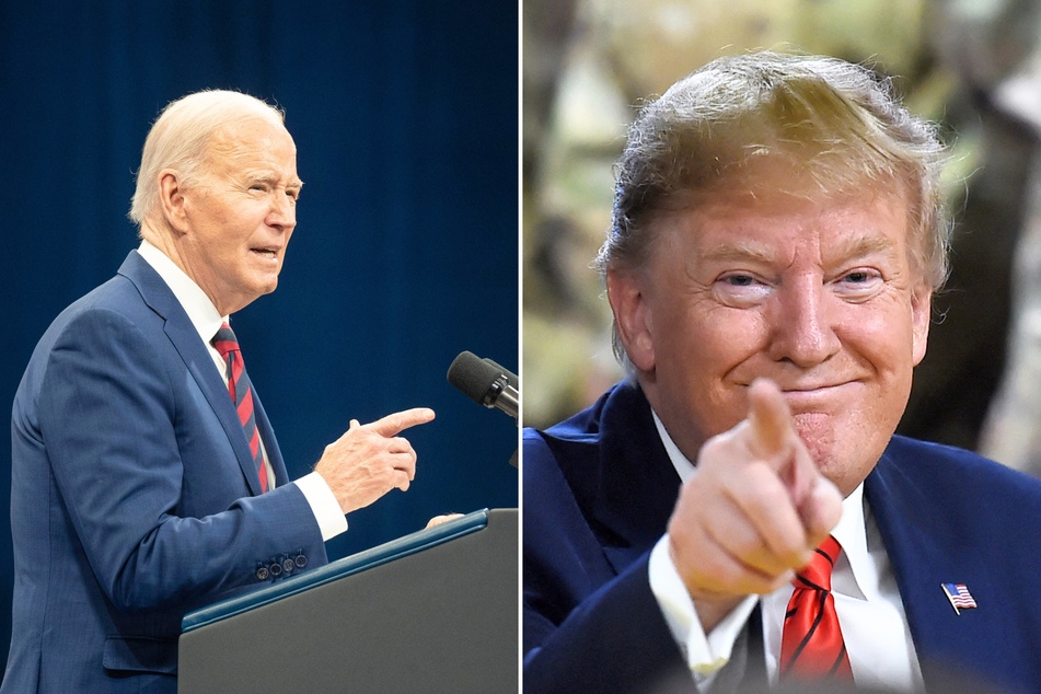 Donald Trump (r.) is under fire after recently sharing a social media video that showed a bizarre image of President Joe Biden (l.) hog tied.