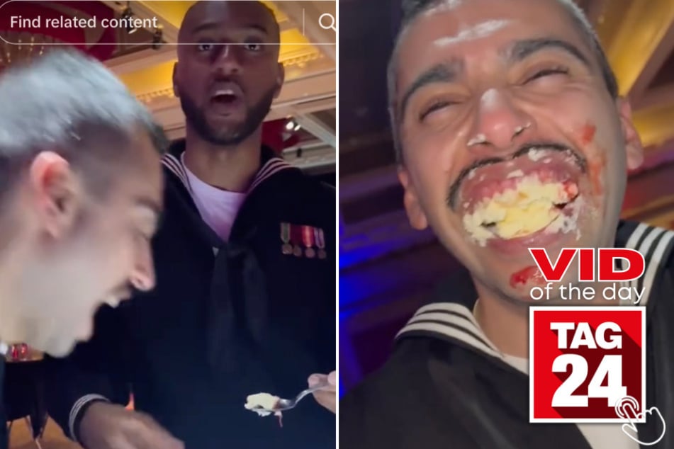 Today's Viral Video of the Day features a man who took a massive bite of his friend's cheesecake at a Navy ball.