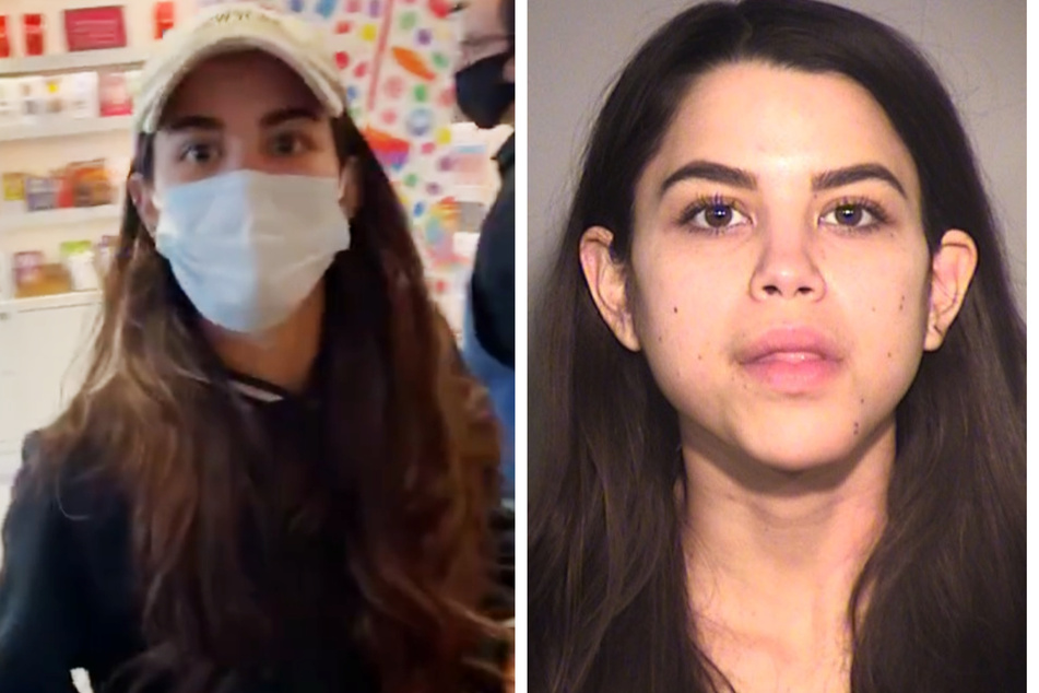 Miya Ponsetto during the December 2020 incident at the Arlo Hotel (l.) and in a mugshot released by the Ventura County Sheriff's Office.