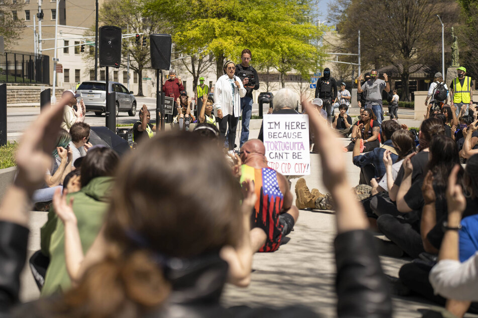 Belkis Teran, the mother of slain activist Tortuguita, speaks about her child at a Stop Cop City rally at the Georgia Capitol.