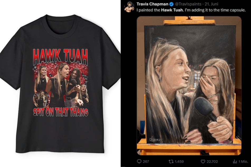 Im Internet finden sich zahlreiche "Hawk Tuah"- und "Hawk Tuhh"-Memes und sogar Merchandise wie T-Shirts und Baseballkappen.