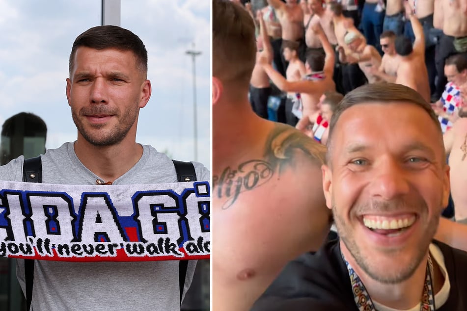 Lukas Podolski (37) feierte beim Auswärtsspiel in Posen mit den Fans seines Klubs Gornik Zabrze.