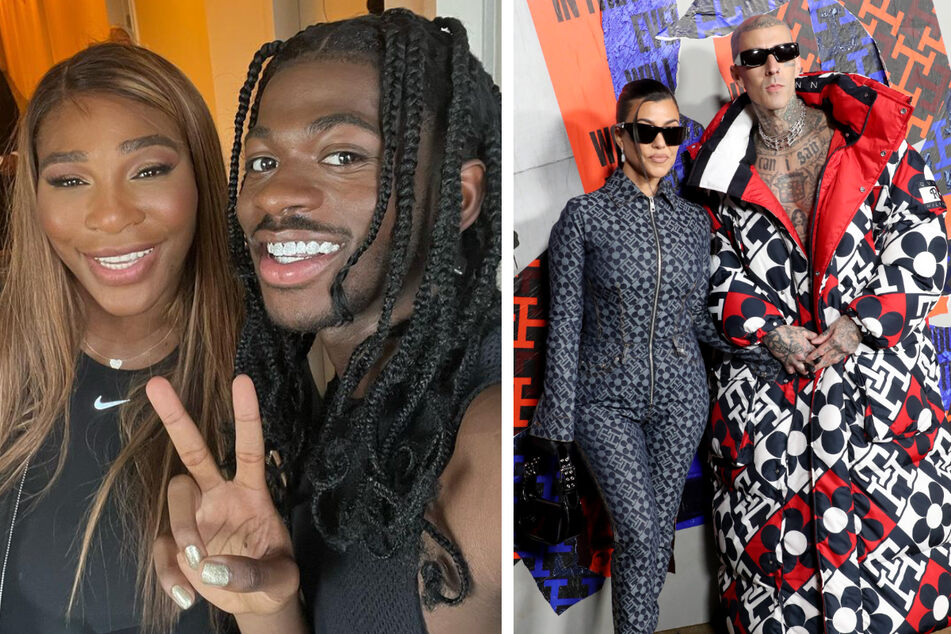 Serena Williams and Lil Nas X posed for a Fashion Week selfie (l.) while newlyweds Kourtney Kardashian and Travis Barker posed at the Tommy Hilfiger show.