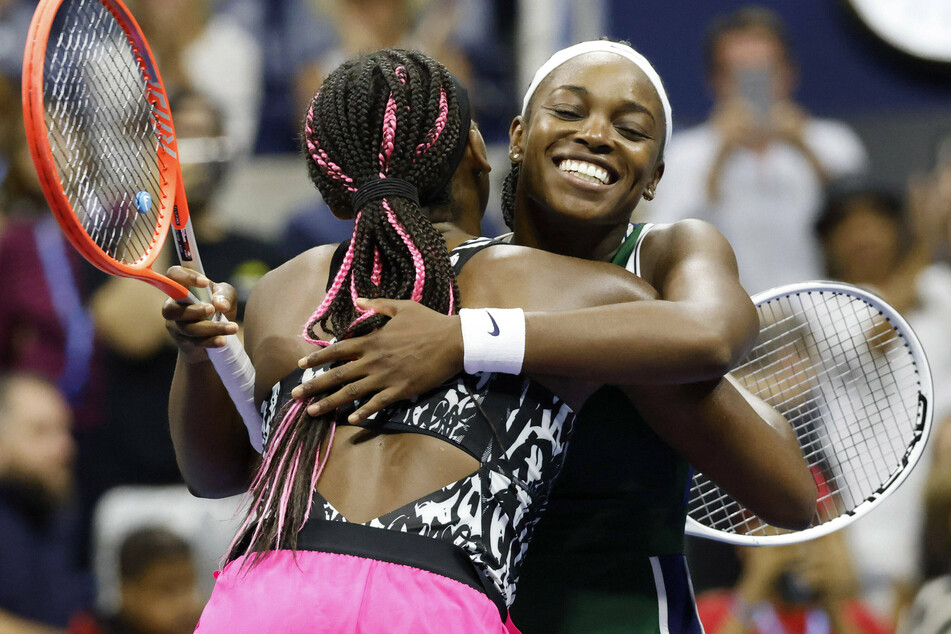 Sloane Stephens hugs Coco Gauff at the end of their US Open second round match.