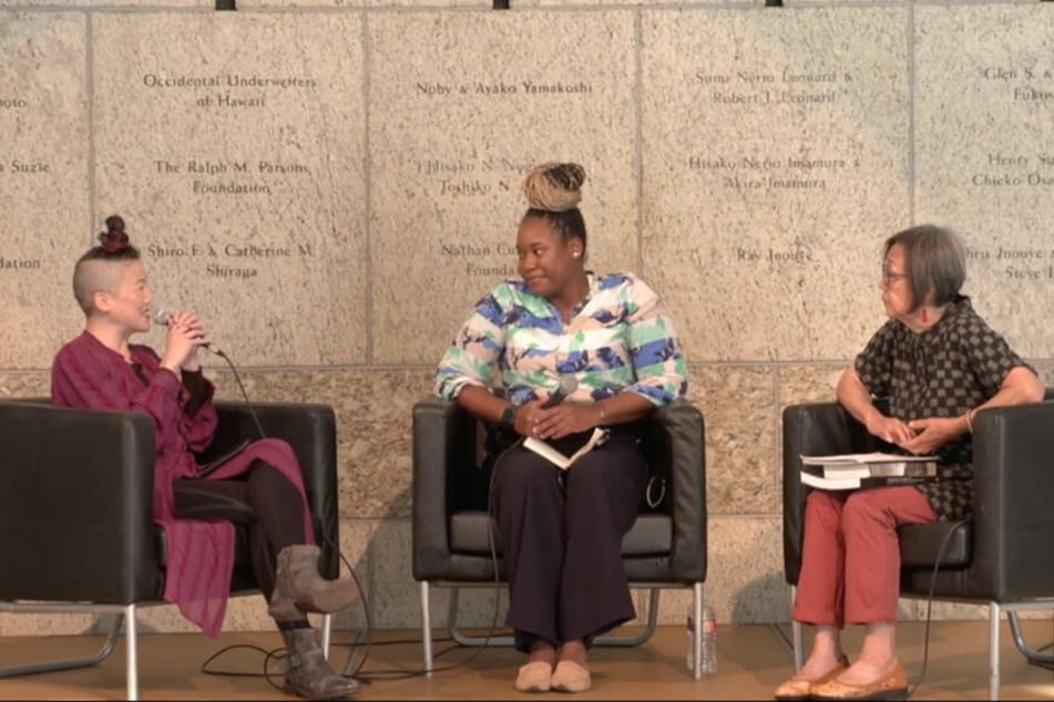 From l. to r.: Activists traci kato-kiriyama, Dreisen Heath, and Kathy Masaoka speak at the Japanese American National Museum in Los Angeles on the 80th anniversary of Executive Order 9066.