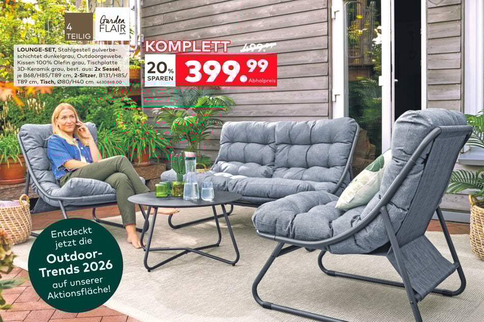 Dieses schöne Lounge-Set aus pulverbeschichtetem Stahl ist für nur 399,99 Euro im Angebot.