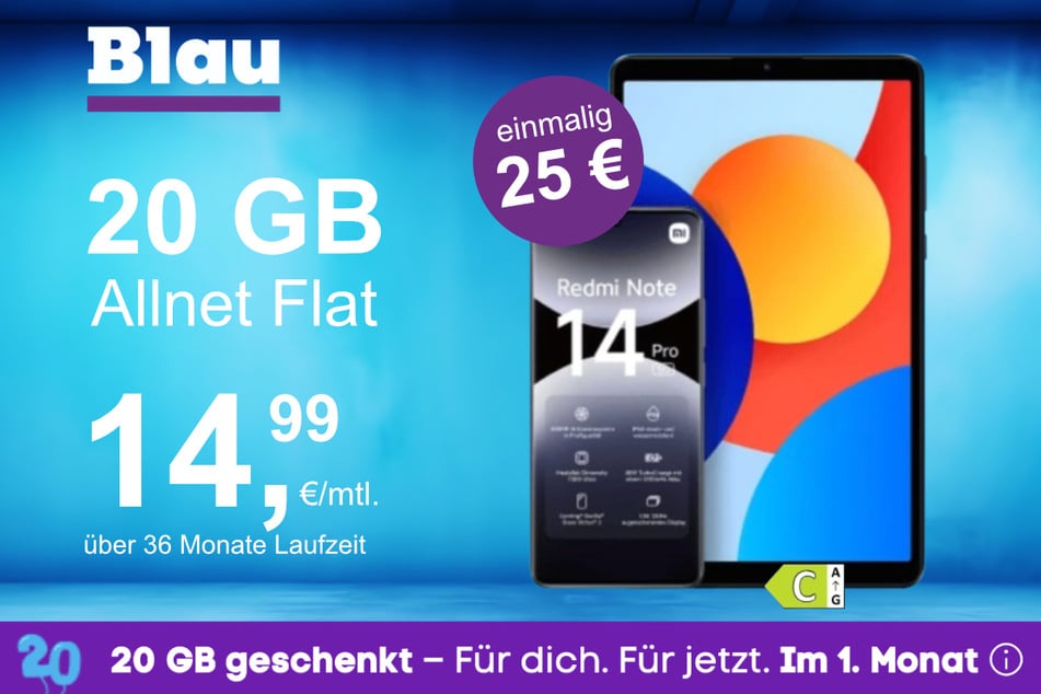 Das Xiaomi Redmi Note 14 Pro + Pad SE im Blau Allnet M für einmalig 25 Euro.