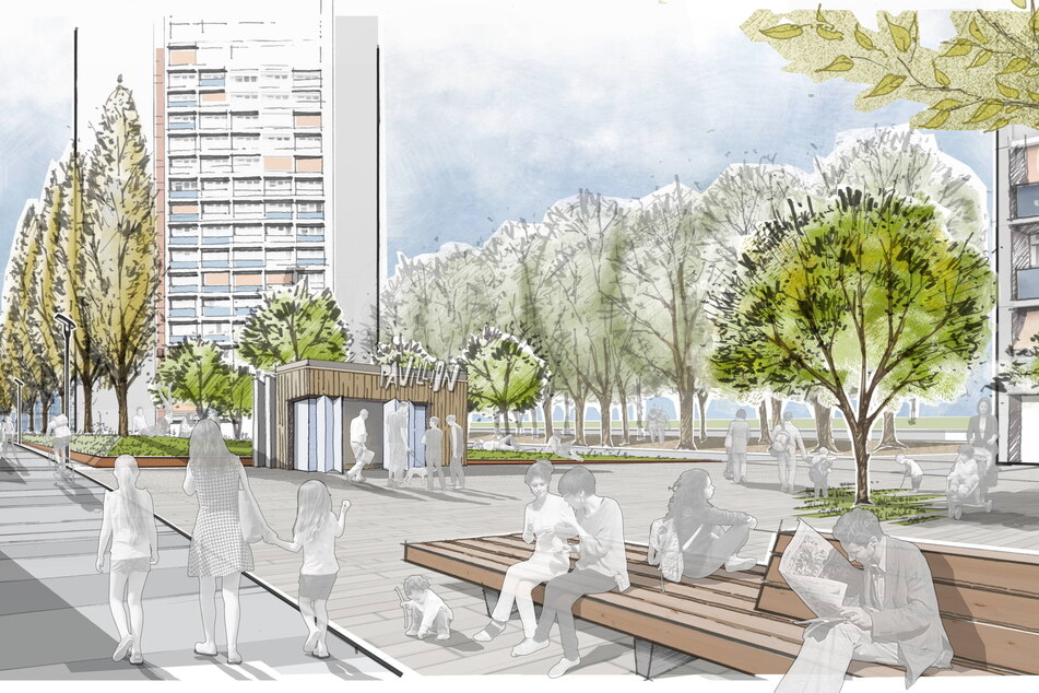 Bäume, Bänke und ein Pavillon: So könnte der Park an der "Prager" künftig aussehen.